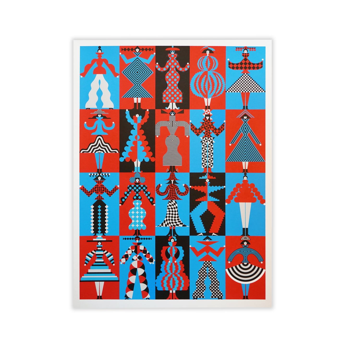 A vibrant artwork featuring a grid of stylised figures in bold red, blue, black, and white patterns. Each figure displays unique geometric designs, creating a dynamic and eye-catching composition that celebrates abstract forms and shapes.