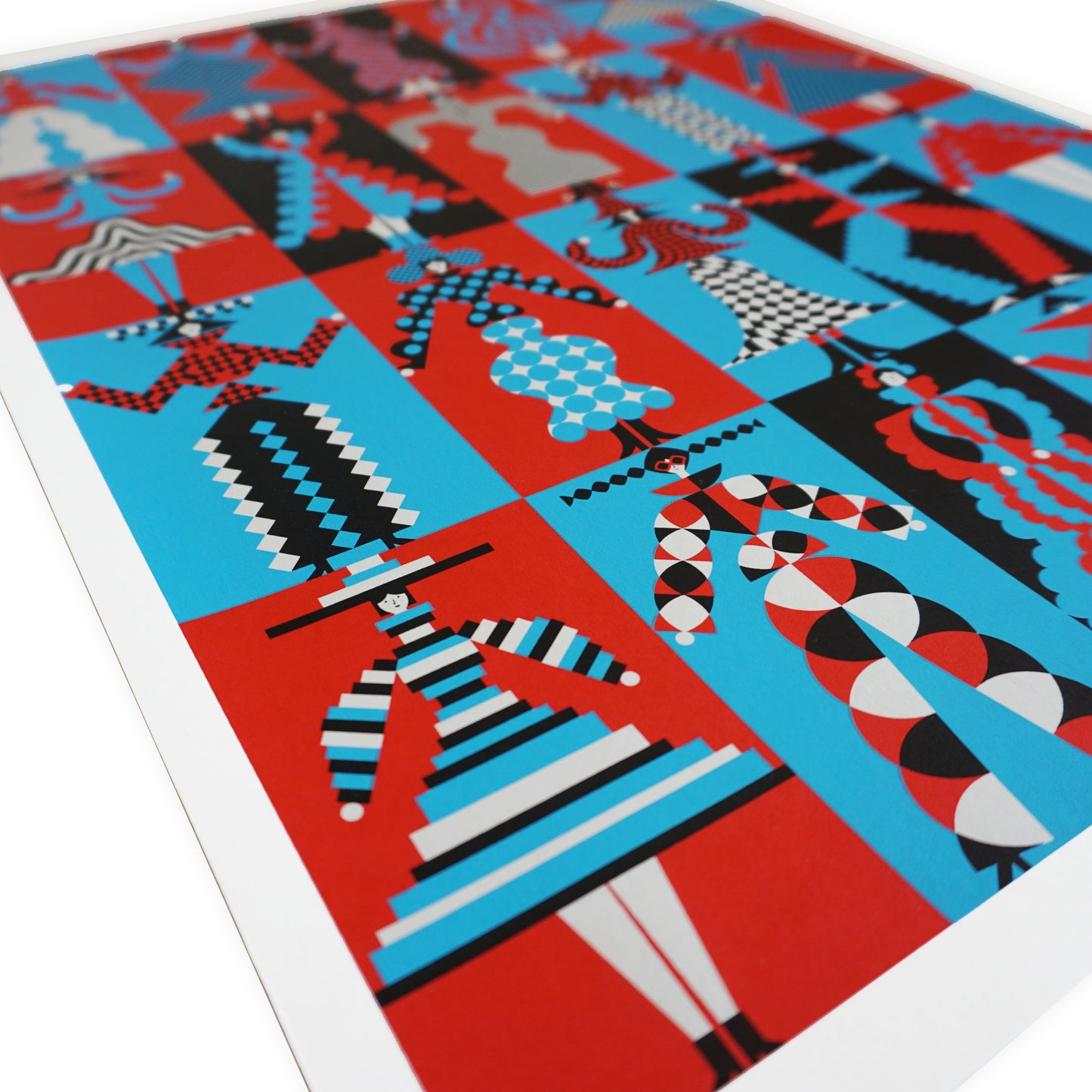 A vibrant artwork featuring a grid of stylised figures in bold red, blue, black, and white patterns. Each figure displays unique geometric designs, creating a dynamic and eye-catching composition that celebrates abstract forms and shapes.