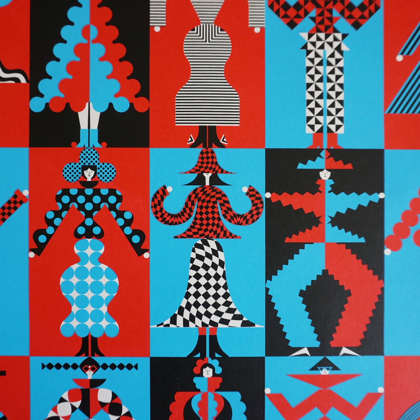 Colorful abstract pattern with geometric shapes and figures on a checkered background