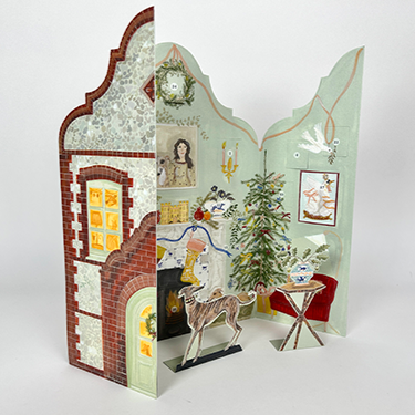 Decorative advent calendar with architectural elements and miniature figures on a white background