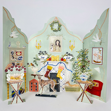 Decorative advent calendar with a horse, table, and various elements on a white background.