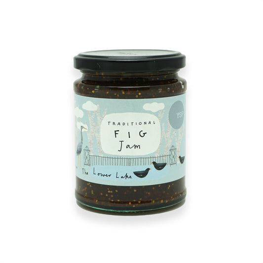 A glass jar with a black lid and blue label illustrated with British birds and trees.