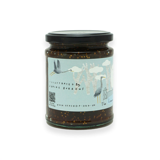 A glass jar with a black lid and blue label illustrated with British birds and trees.
