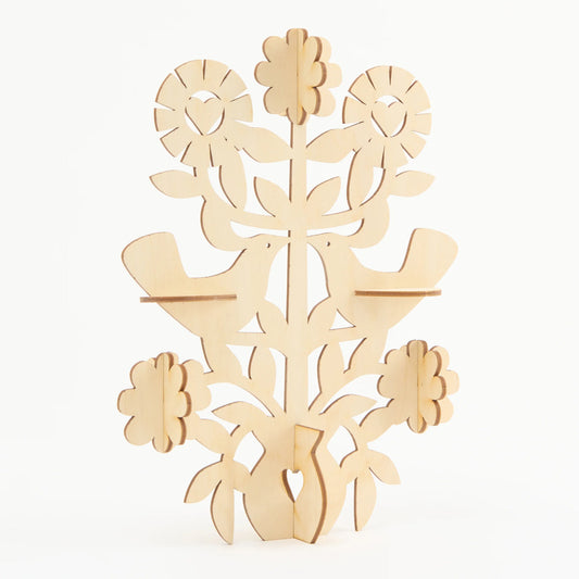 Complete Floral Tree of Life Kit in plain plywood material. The kit depicts a tree with flowers, circles, hearts and birds.
