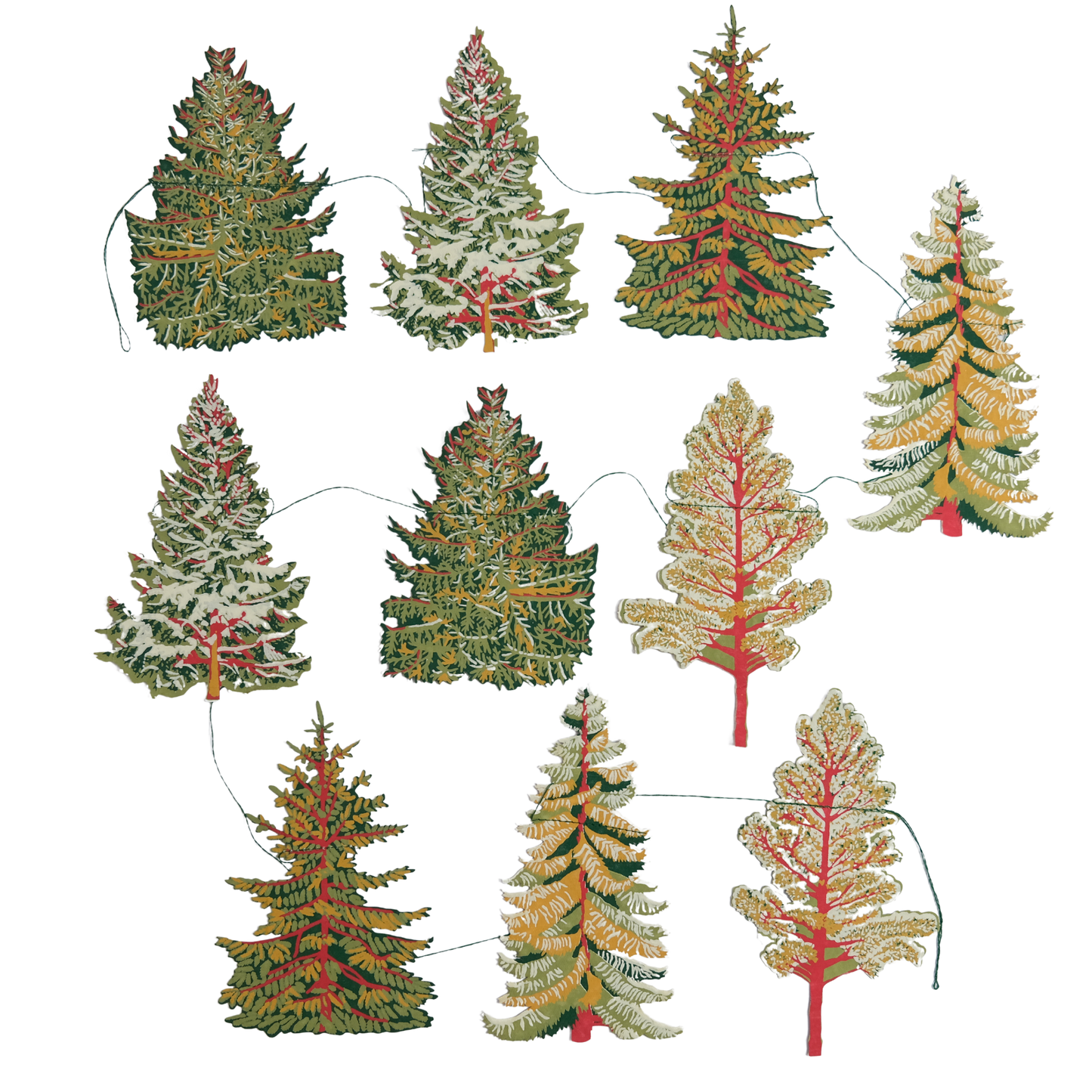 Set of colourful Christmas tree paper cut outs on a white background