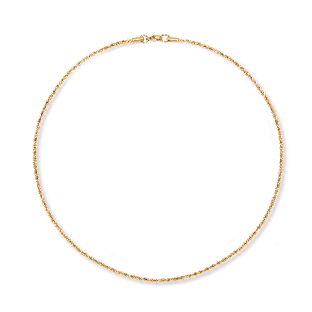 A delicate round gold chain on a plain white background.
