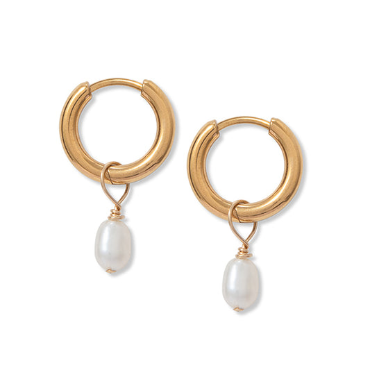 A pair of gold-coloured tiny hoop earrings featuring a single pearl hanging underneath, on a plain white background.