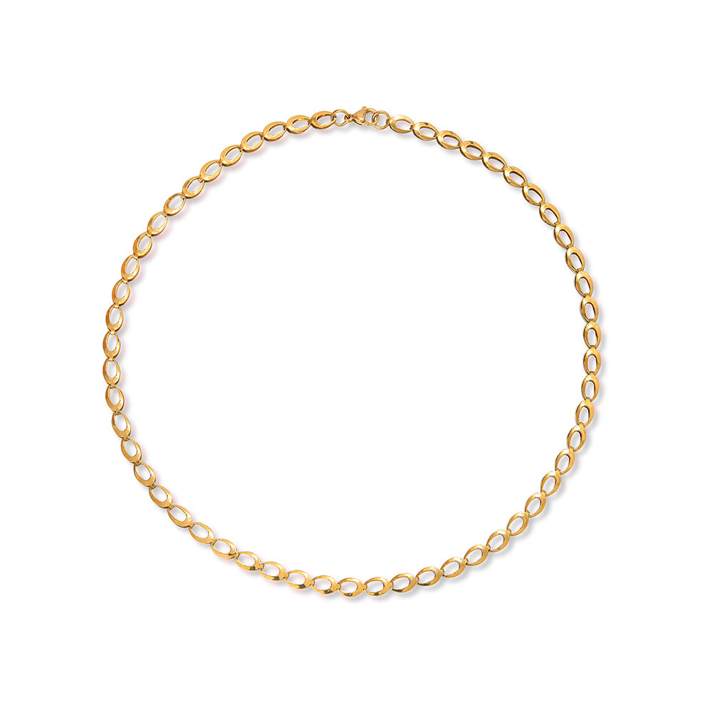 A chunky gold link chain, round in shape and on a plain white background.