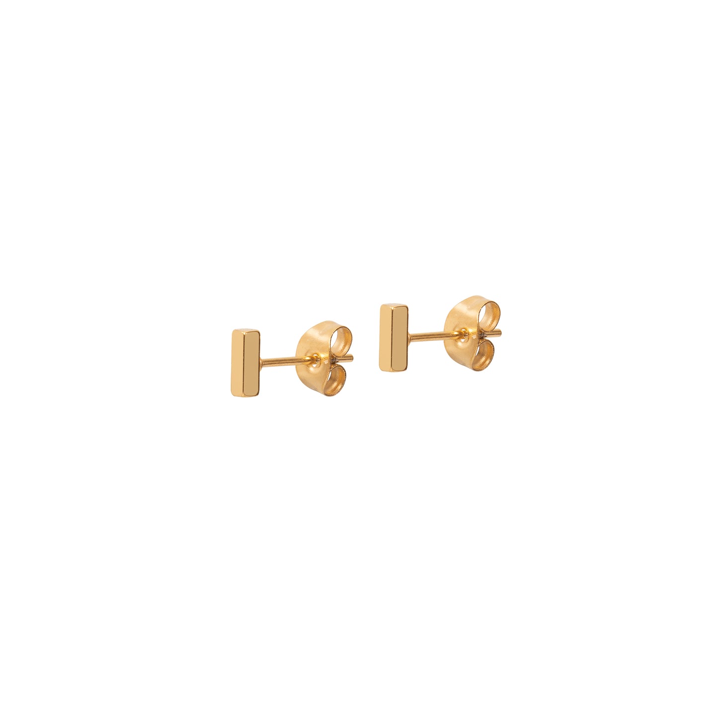 A pair of simple gold bar stud earrings on a plain white background