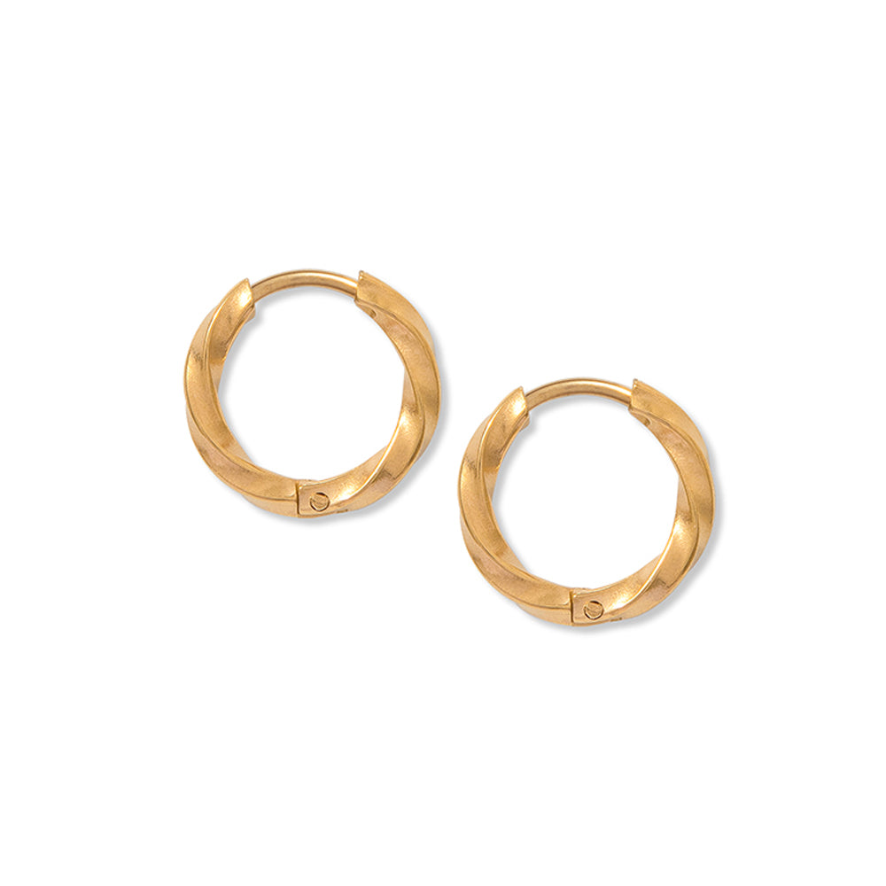 Twisted gold hoop earrings on a white background. The hoops appear to have a hinge in the middle to open and close the earrings.