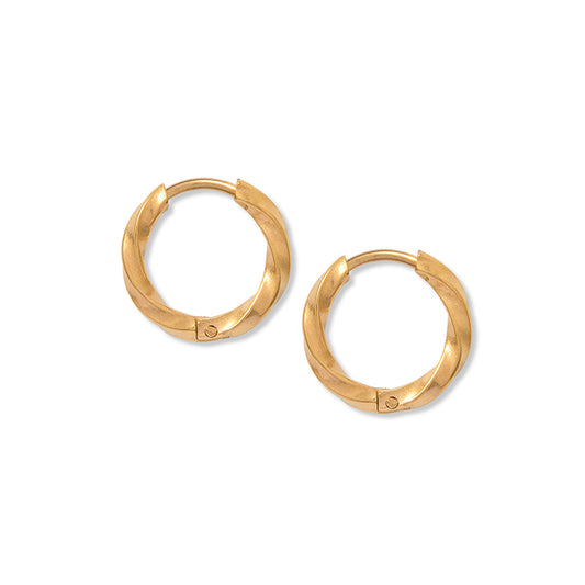 Twisted gold hoop earrings on a white background. The hoops appear to have a hinge in the middle to open and close the earrings.