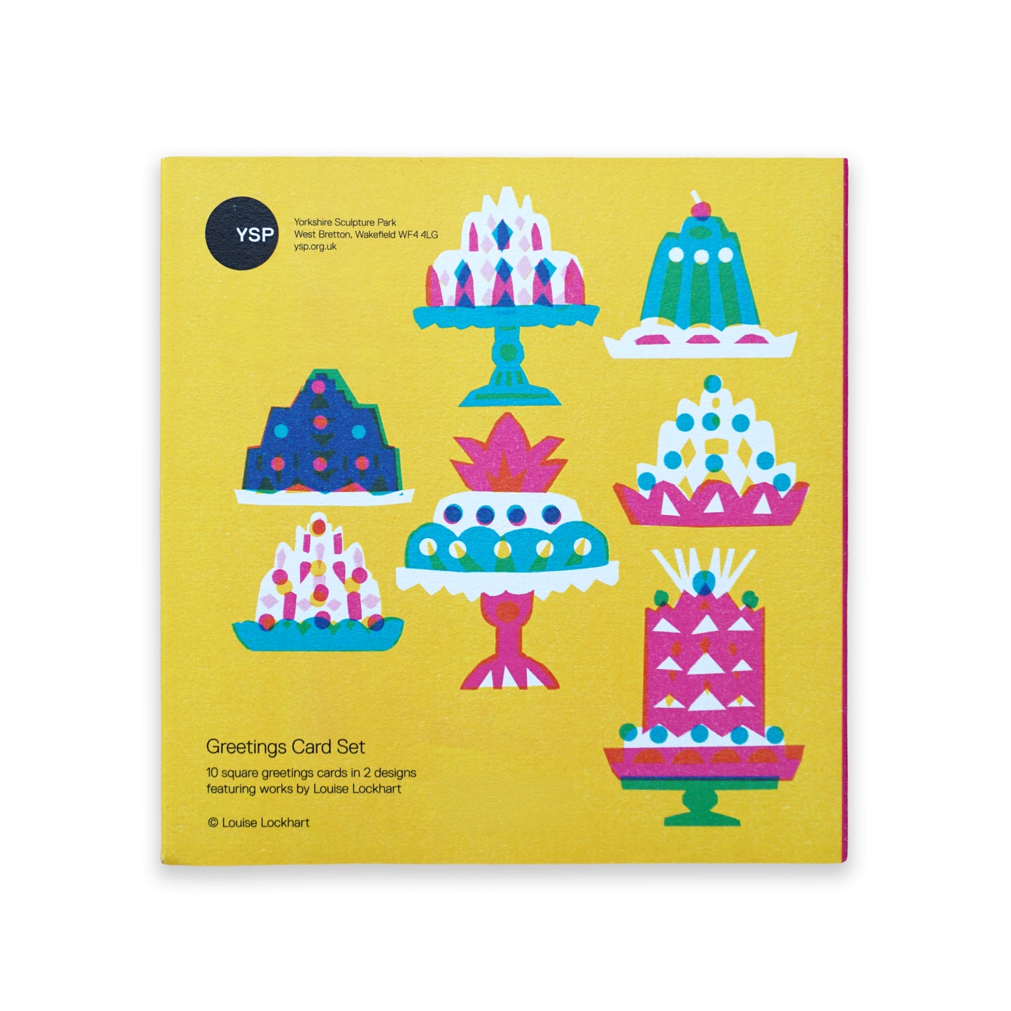 A vibrant greetings card set. The background is bright yellow, and the cakes are adorned with various patterns and shapes, showcasing a playful and artistic style.