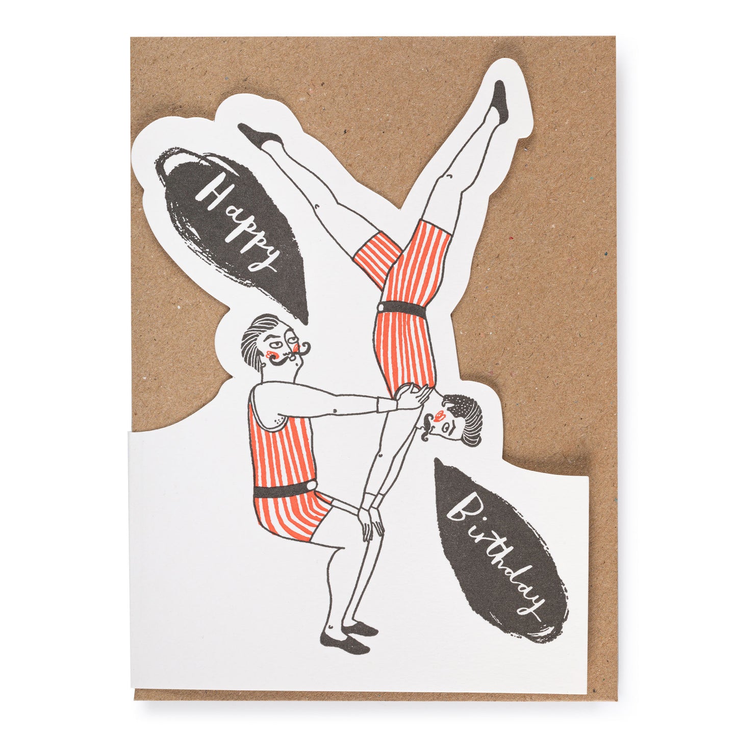 Greeting card with acrobatic illustration and 'Happy Birthday' text on a kraft paper envelope.