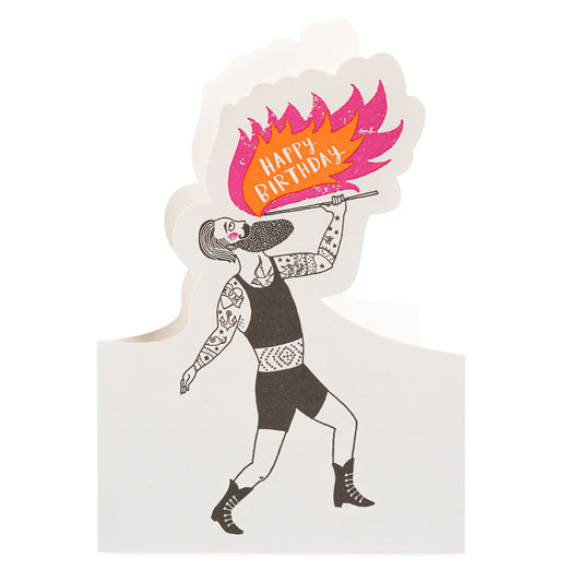 Illustration of a person holding a flaming torch with 'Happy Birthday' text on a white background