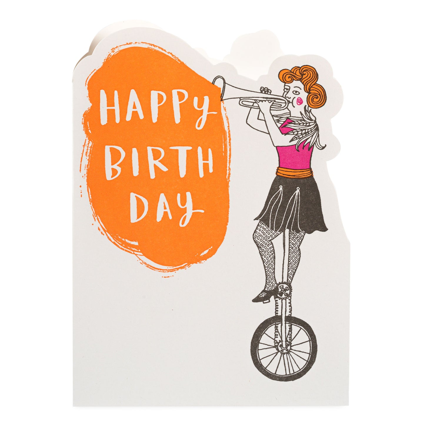 Greetings card with a design of a woman on a unicycle playing a trumpet, with 'Happy Birthday' text on an orange background.