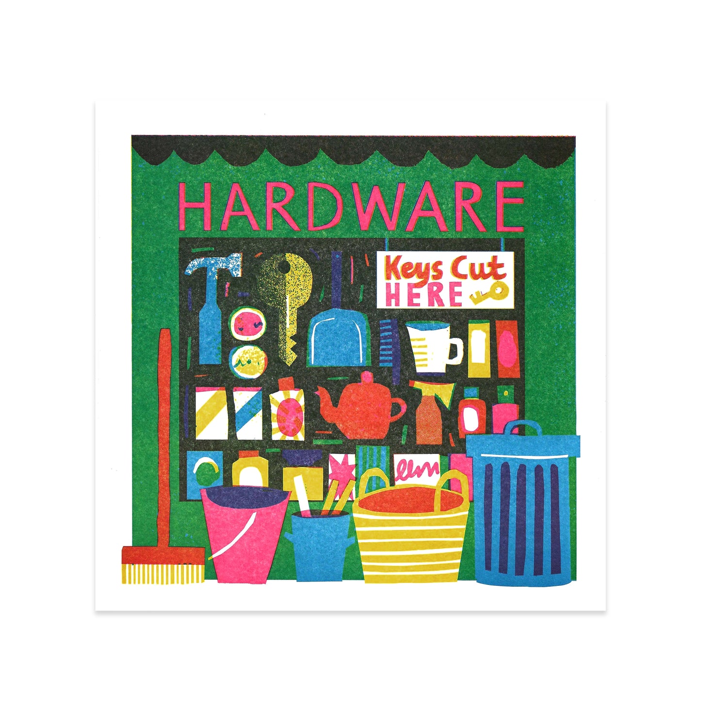 A vibrant illustration of a hardware shop front, featuring a sign that reads "HARDWARE" in bold letters. The display includes various tools, containers, and a sign indicating "Keys Cut Here," set against a bright green background.