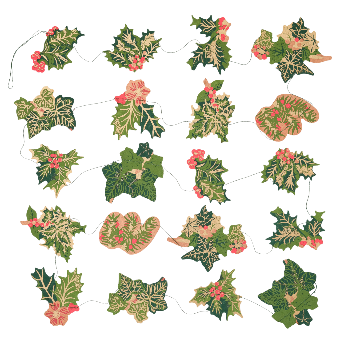 Decorative string with holly leaf designs on a white background