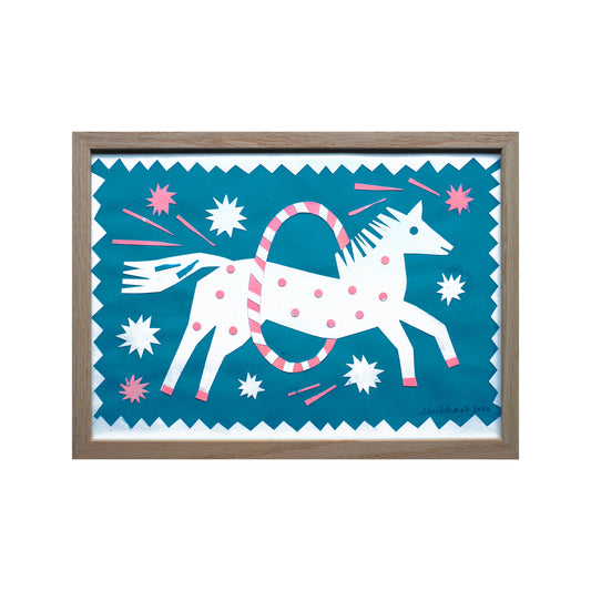 A vibrant artwork featuring a stylised white horse with pink spots, jumping through a hoop. The background is a bold teal, adorned with pink stars and dynamic shapes, all framed in a light wooden border.