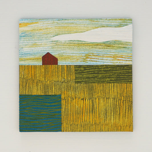 Abstract artwork of a barn in a field with textured surface