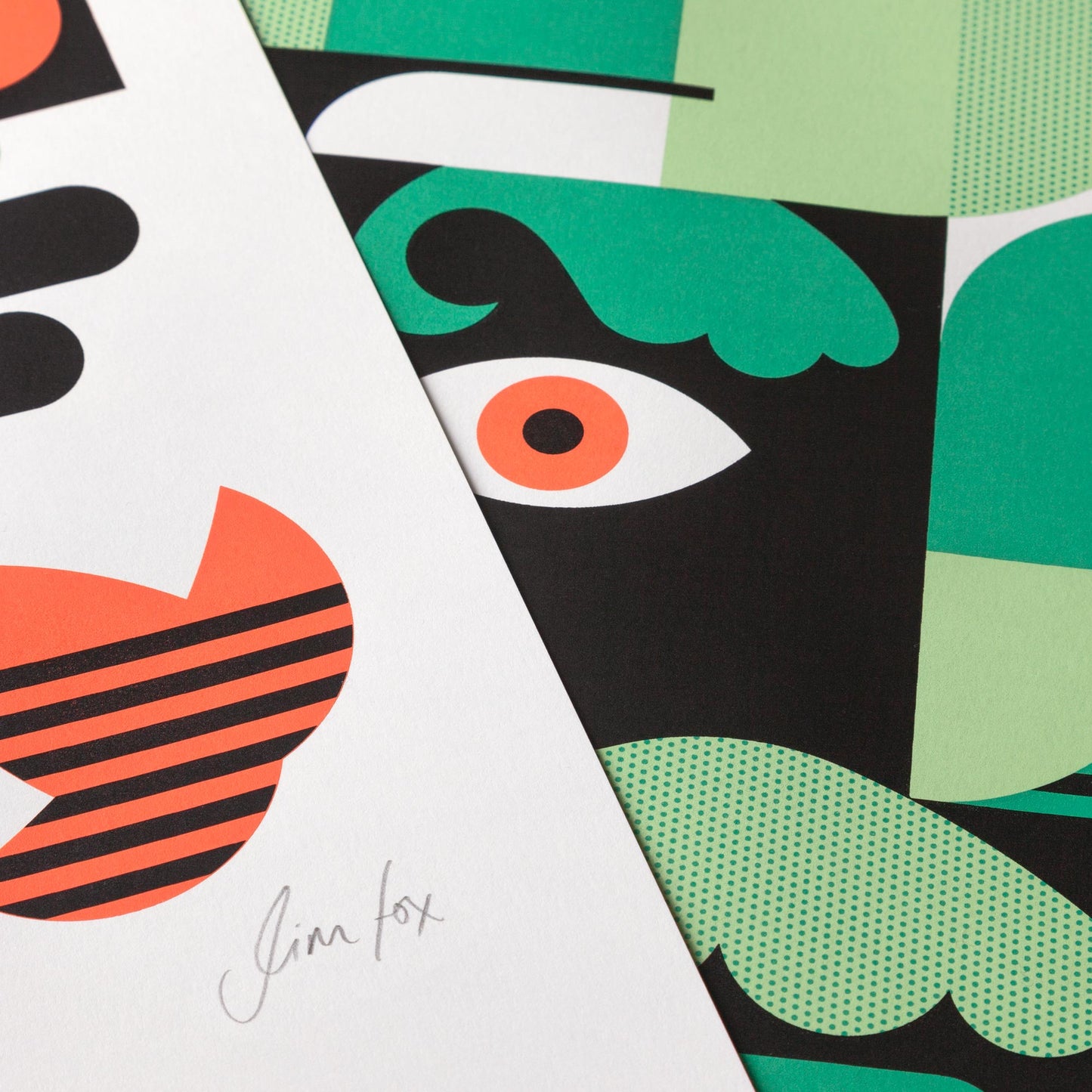 Abstract artwork with geometric shapes and bold green, black and orange colours on a white background.