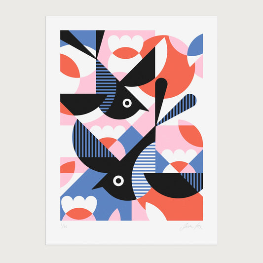 A colourful screen print of two diving swallows with geometric patterns in black, blue, pink and orange on a white background.