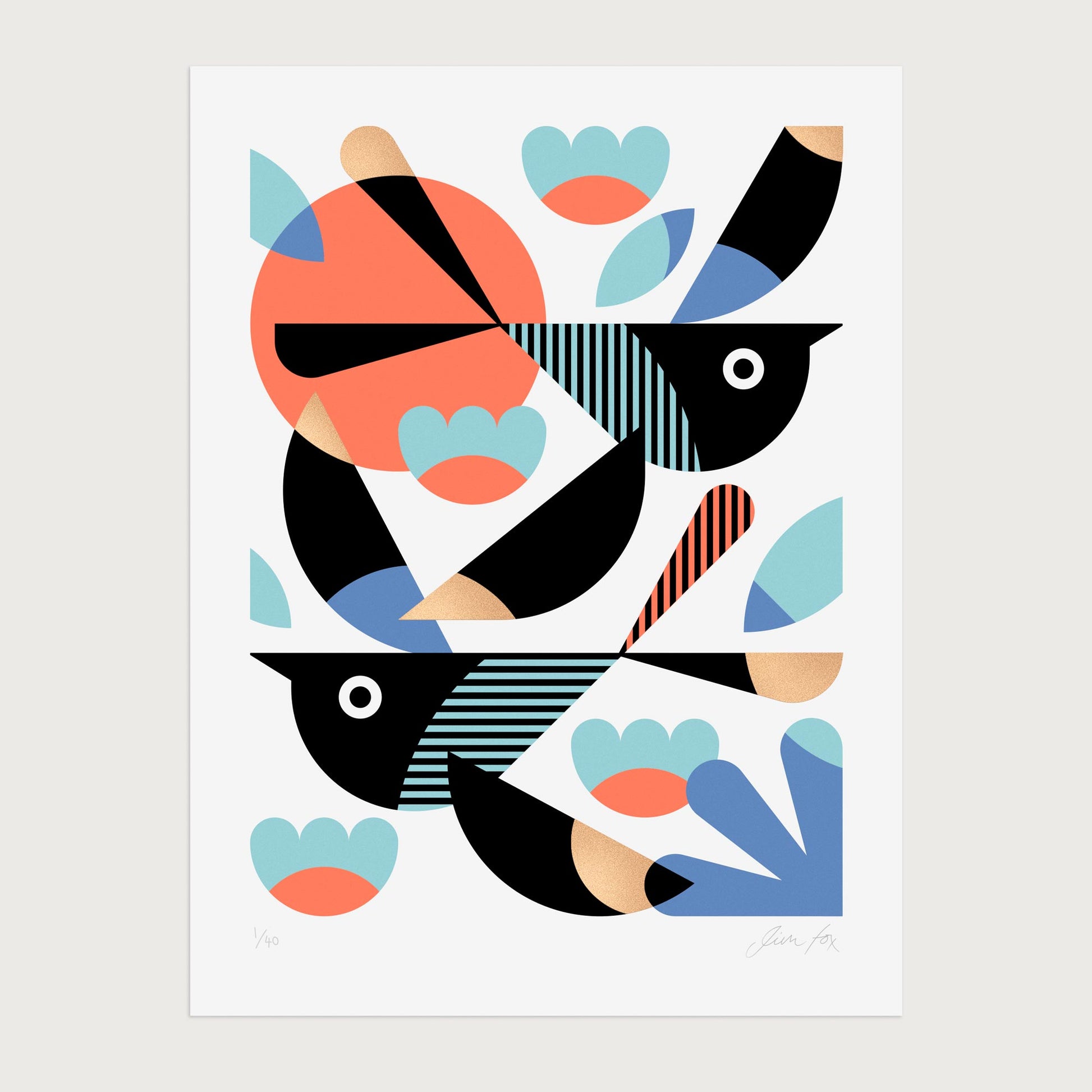 A colorful screen print of two swallows with geometric shapes, predominantly in a minimalist style with black, white, and vibrant colors.