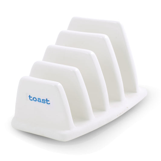 A white ceramic toast rack with 'toast' text on the side, designed by Keith Brymer Jones.