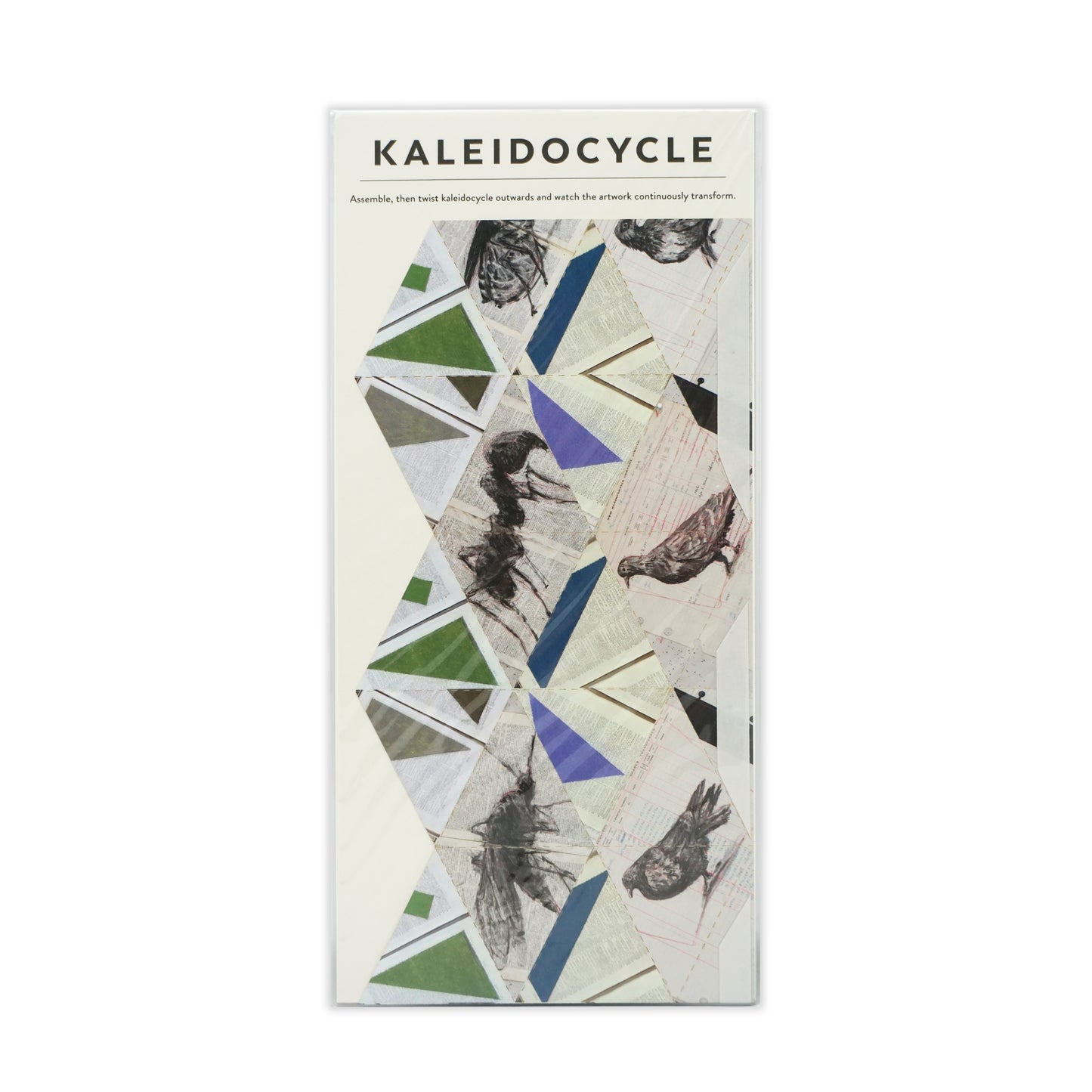 Kaleidocycle packaging with geometric design and text on a white background