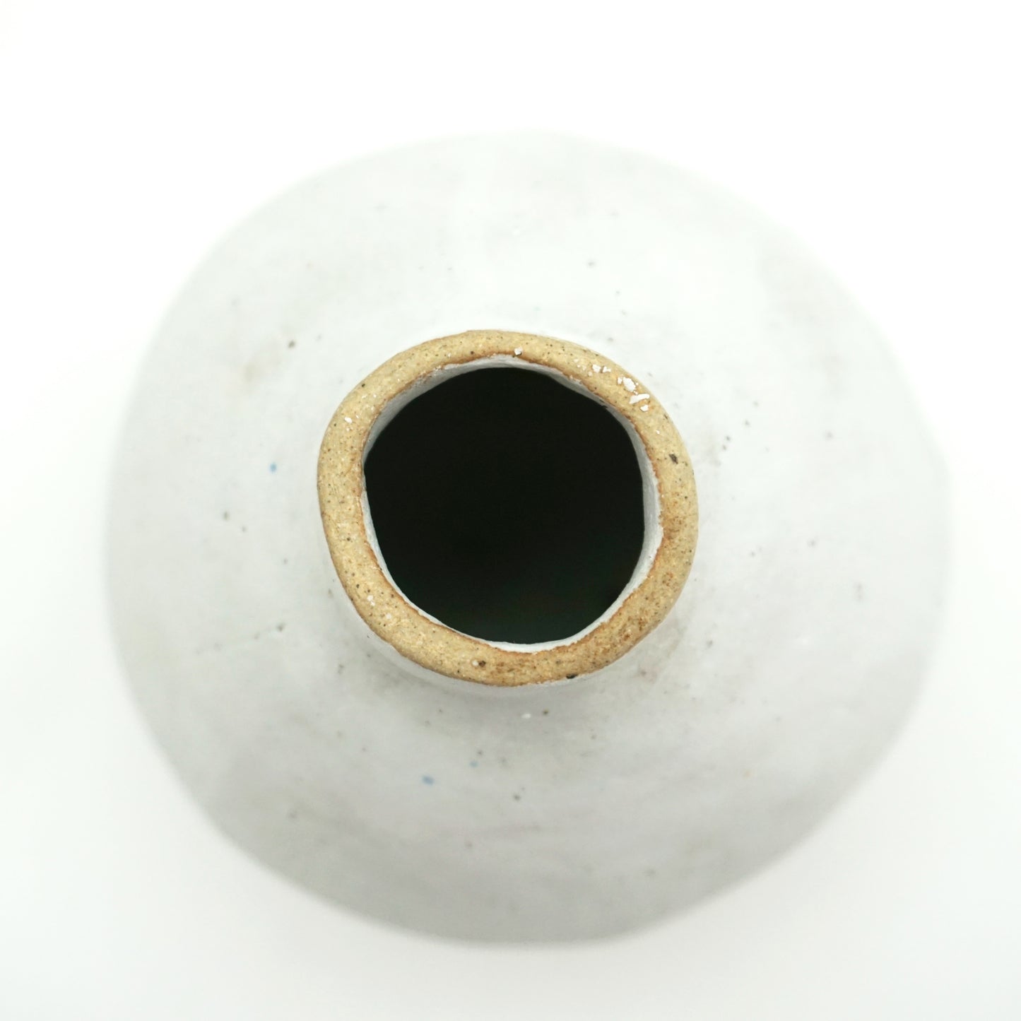 A close up of the top of a white oval vase, the rim of the opening is unglazed.