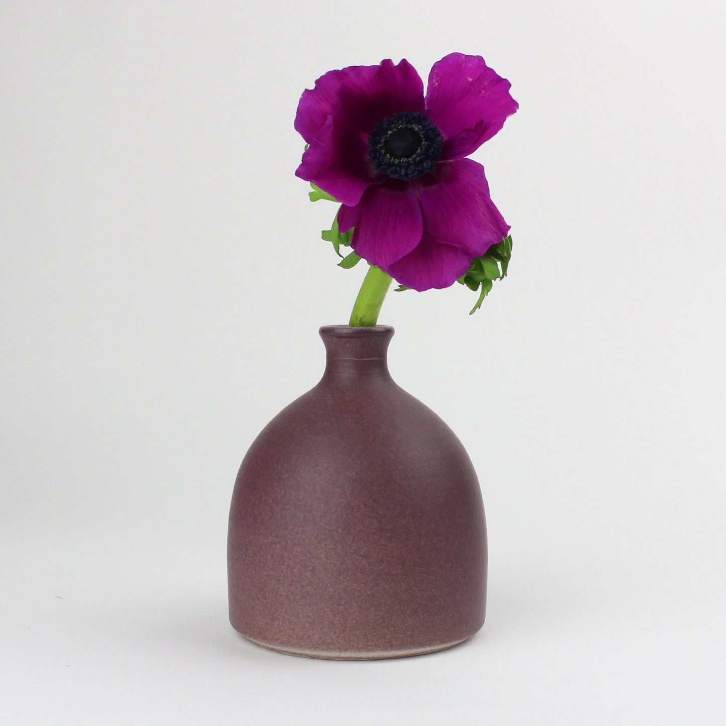 A hand thrown earthenware purple vase with a speckled matt glaze featuring a single stem of a purple flower inside.