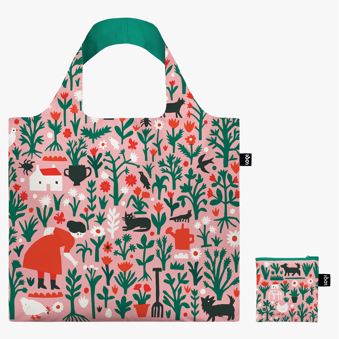 Reusable shopping bag with a colorful animal and plant pattern on a white background
