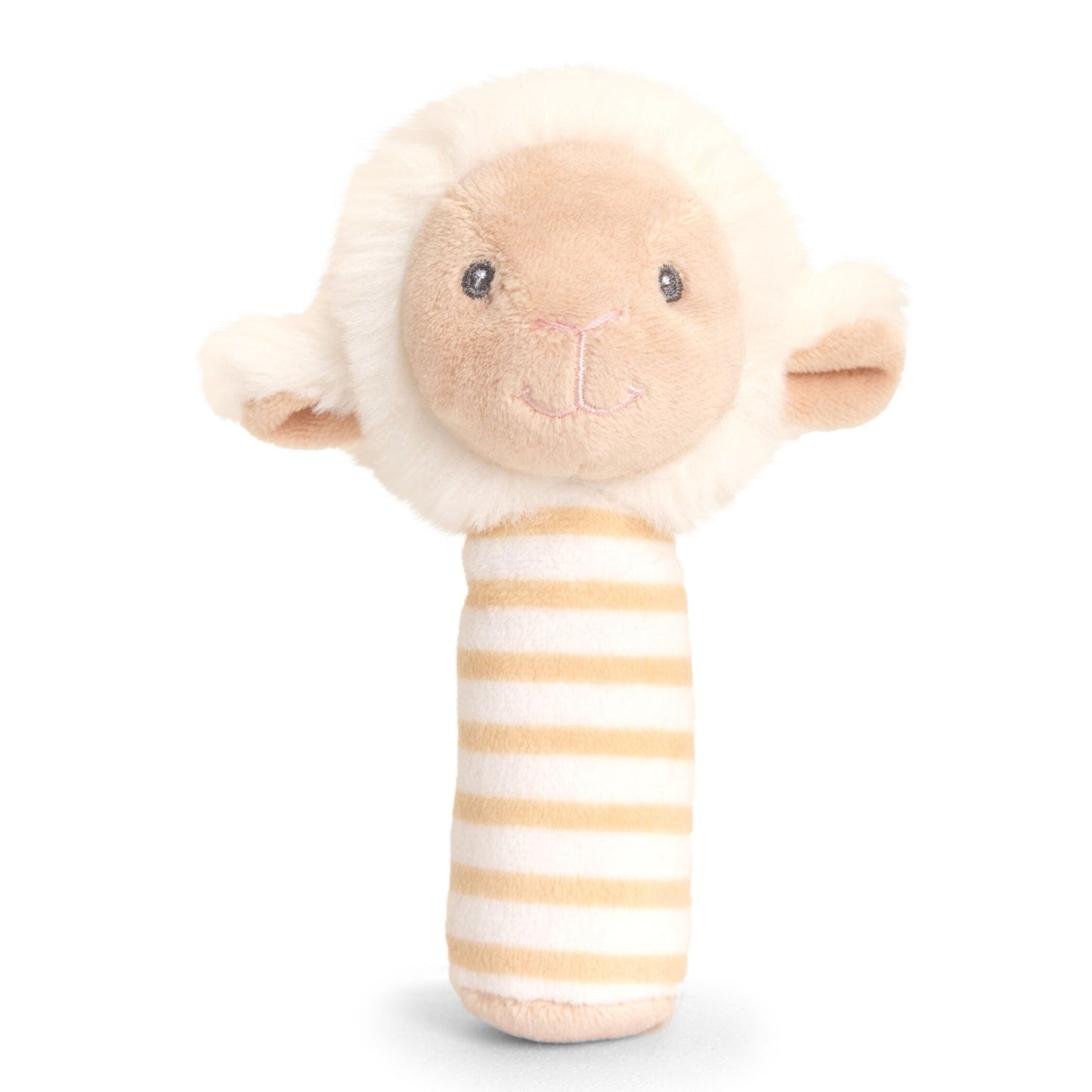 A soft, plush baby rattle shaped like a sheep. It features a round, smiling face with floppy ears and a fluffy mane, set on a striped body. The colours are light beige and cream, making it a gentle and appealing toy for infants.