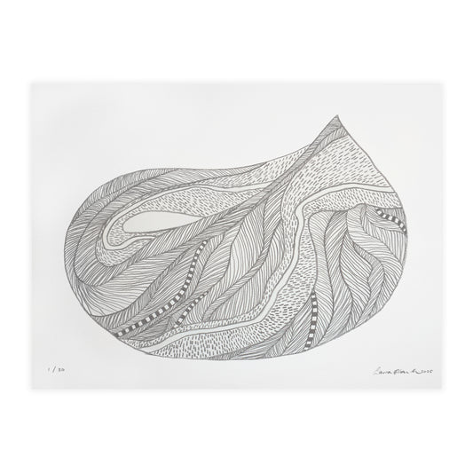A detailed black and white line drawing of an abstract shape, with intricate patterns within the form.