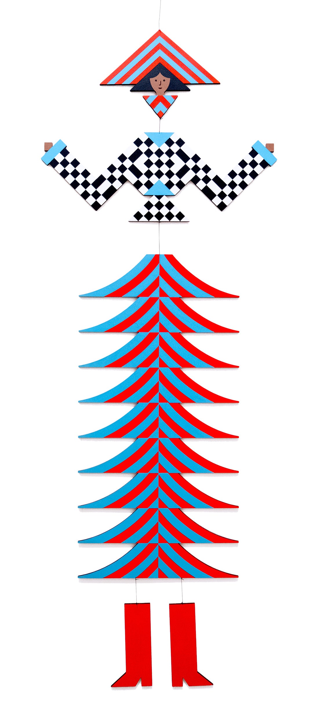 A hanging wooden colourful mobile featuring a full figure with a headdress and boots covered in bright geometric patterns.