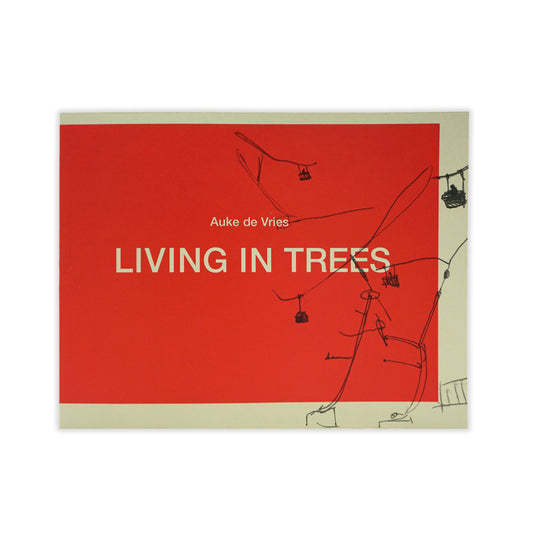 Cover of the catalogue 'Living in Trees' featuring red background with white text and a sketch of trees and figures.