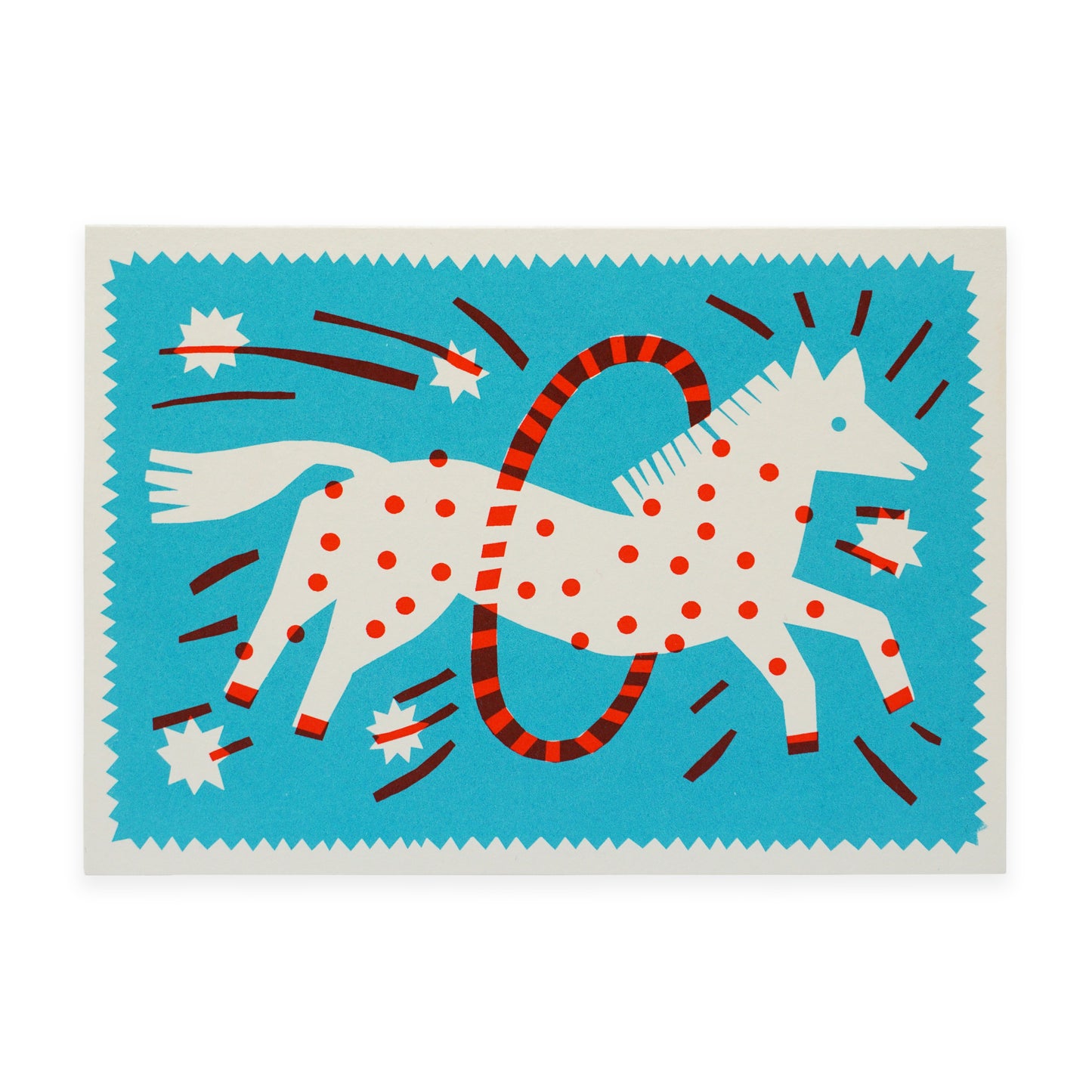 A whimsical illustration of a white horse with red polka dots, leaping through a red and white hoop. The background is bright blue, featuring dynamic bursts and lines, adding a playful and energetic feel to the design.