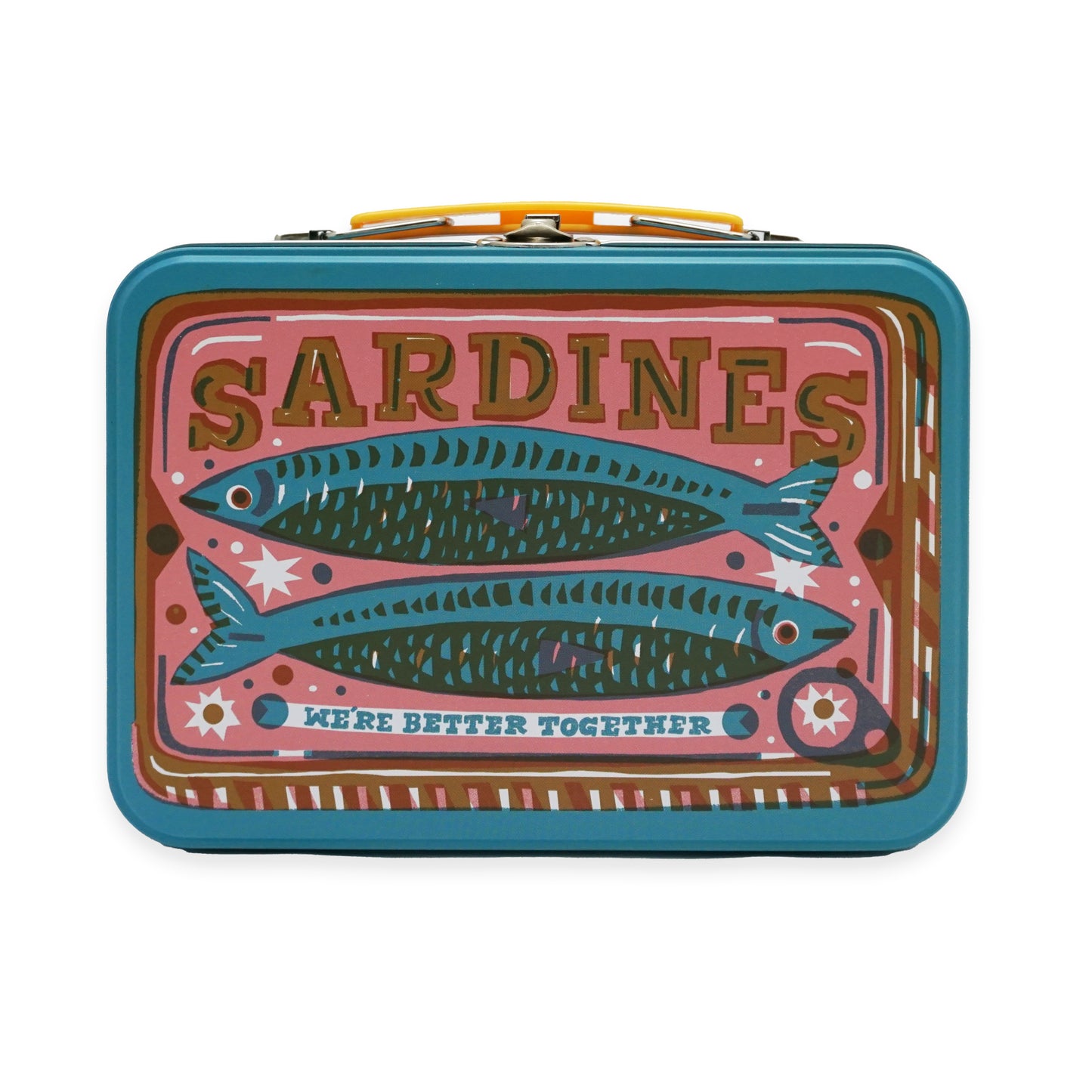 A vibrant lunchbox featuring a retro design with two illustrated sardines on a pink background. The words "SARDINES" and "WE'RE BETTER TOGETHER" are prominently displayed, surrounded by decorative stars and patterns.