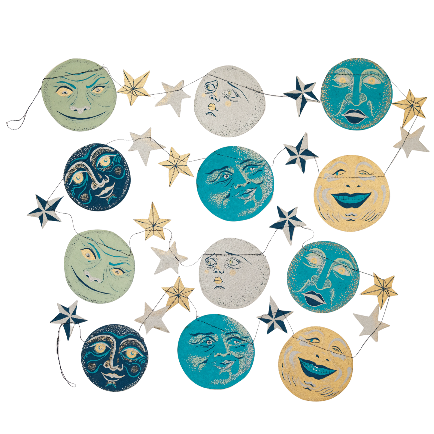 Decorative string with moon and star designs on a white background