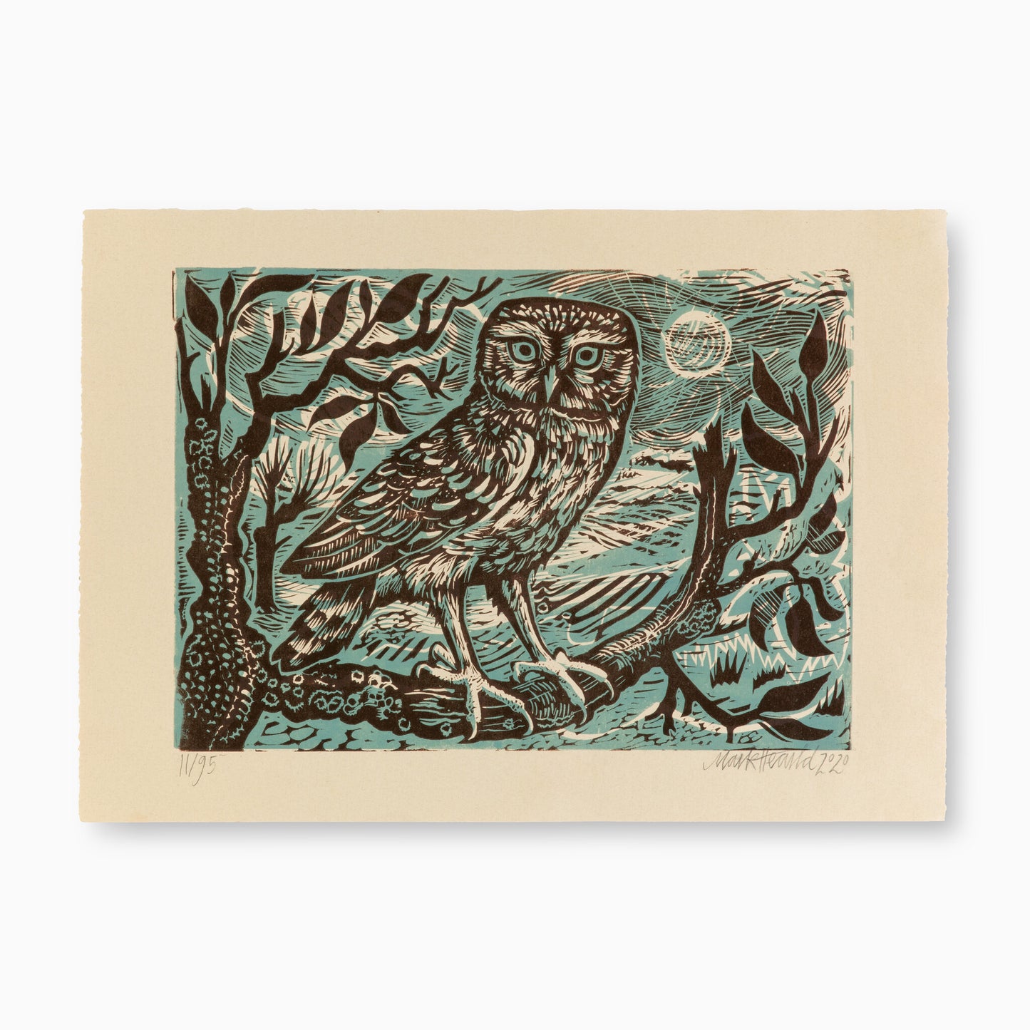 A detailed print of an owl perched on a branch, surrounded by stylised trees and a moonlit sky. The owl has large, expressive eyes and intricate feather patterns, with a colour palette of earthy tones and blues.