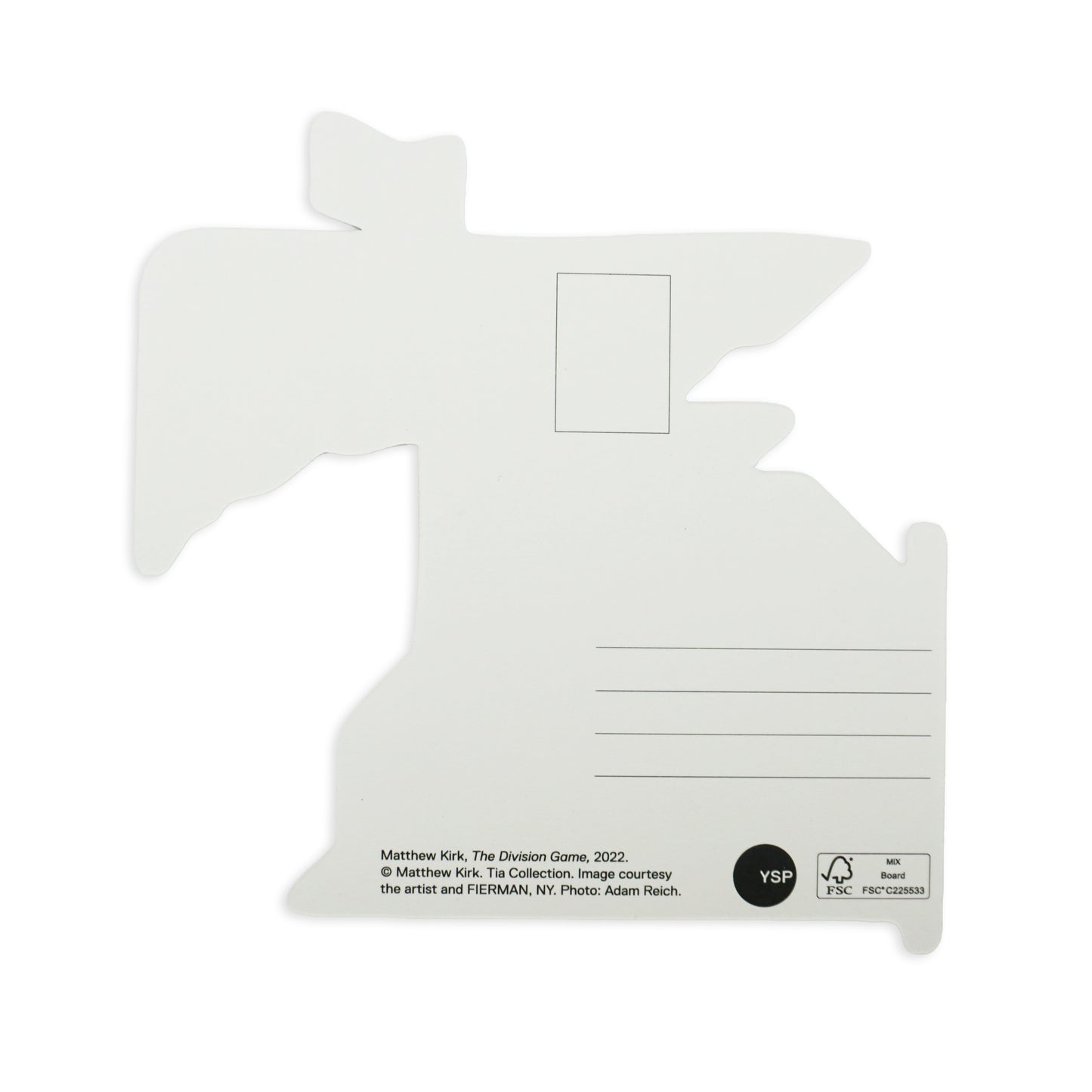 A uniquely shaped postcard with an abstract outline, featuring a small rectangular space for a stamp and lines for an address. The bottom includes text crediting Matthew Kirk, The Division Game, 2022, and other details.