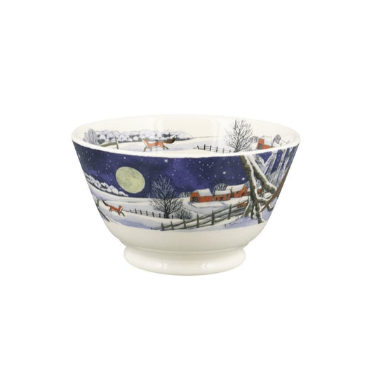 Ceramic bowl with winter scene design on a white background