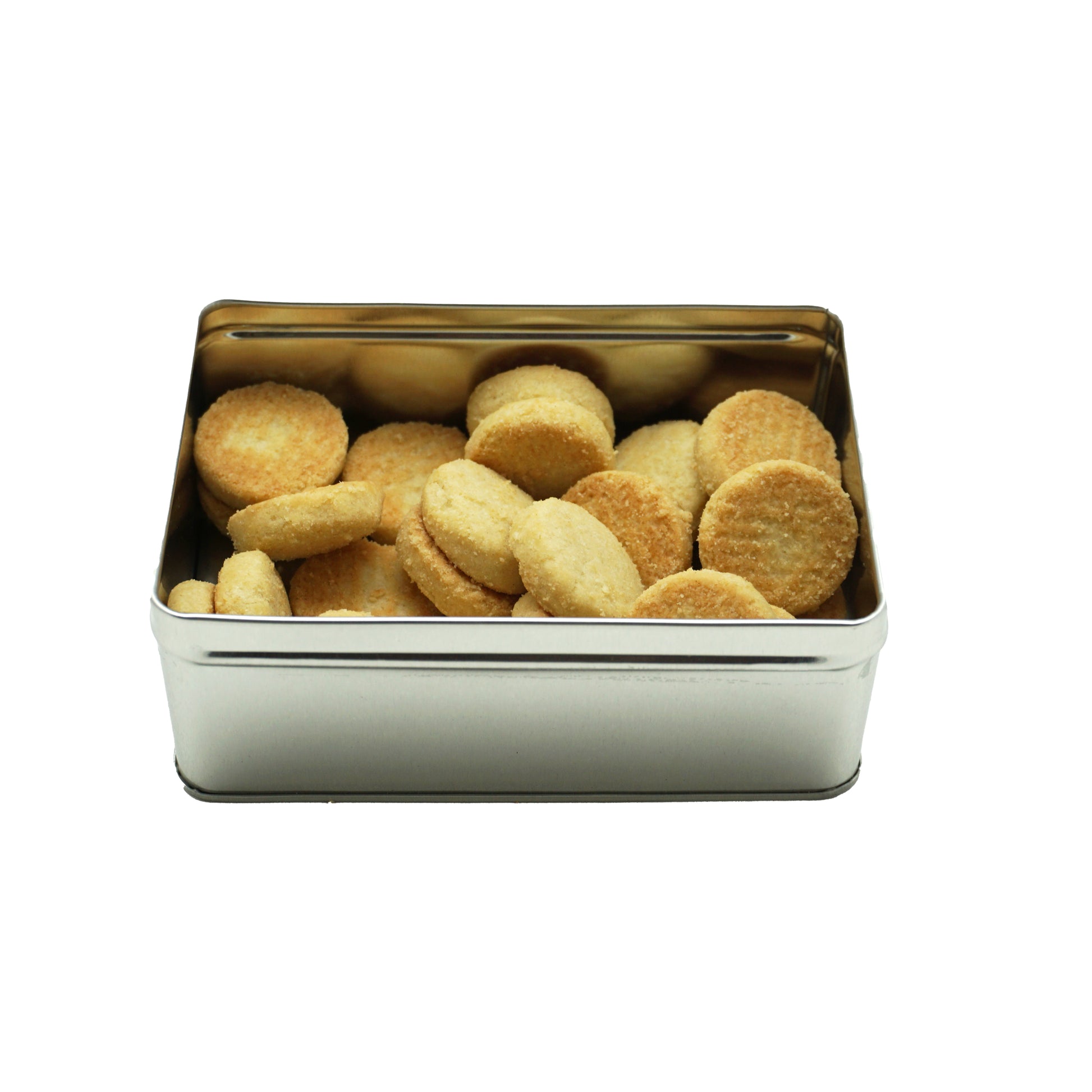 An open metal tin of mini shortbread rounds.