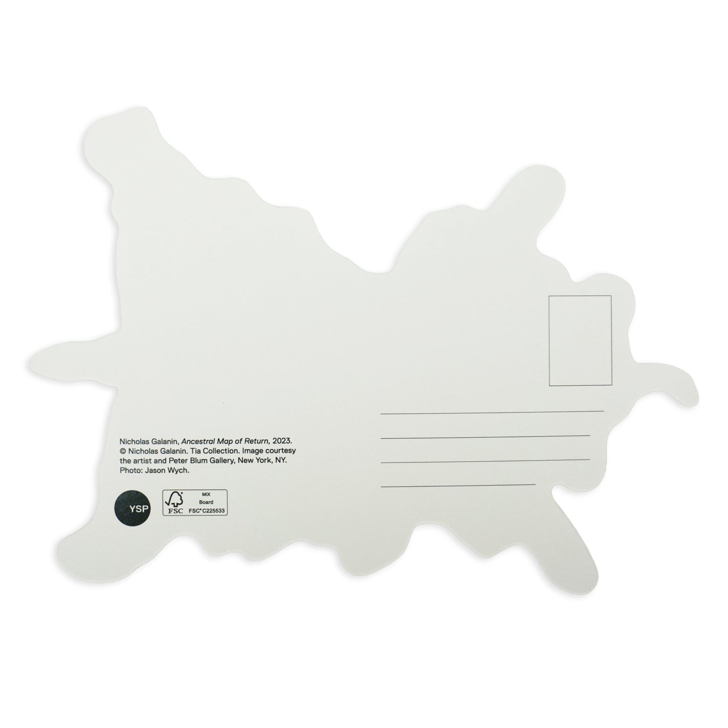 A postcard shaped like a cow hide, featuring lines for an address and a small rectangle for a stamp. The back includes text about an art piece titled "Ancestral Map of Return, 2023" by Nicholas Galanin, with gallery and copyright details.