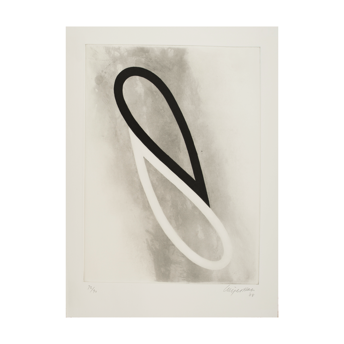 A minimalist artwork featuring a large, abstract shape that intertwines in black and white against a soft grey background. The piece is framed with a simple border, and the artist's signature and date are visible in the bottom corner.