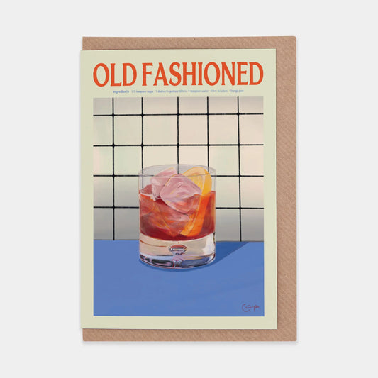 A stylish illustration of an Old Fashioned cocktail in a clear glass, featuring ice and a slice of orange. The background has a grid pattern, and the text "OLD FASHIONED" is prominently displayed at the top. The overall design is modern and vibrant.