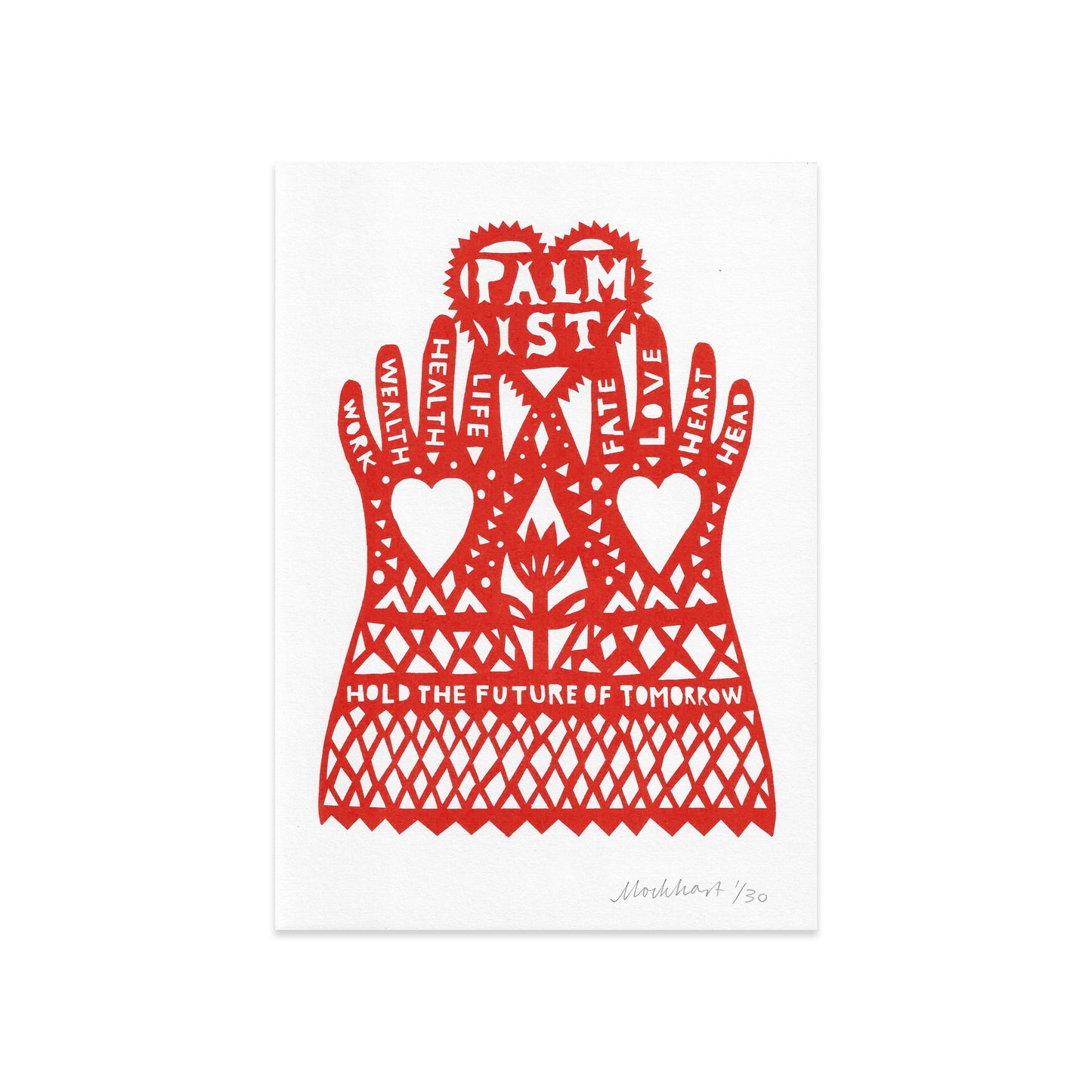 A vibrant red paper cut artwork featuring two hands with various words inscribed, such as "wealth," "health," and "life." The hands are adorned with hearts and a central motif, conveying a message about holding the future of tomorrow.