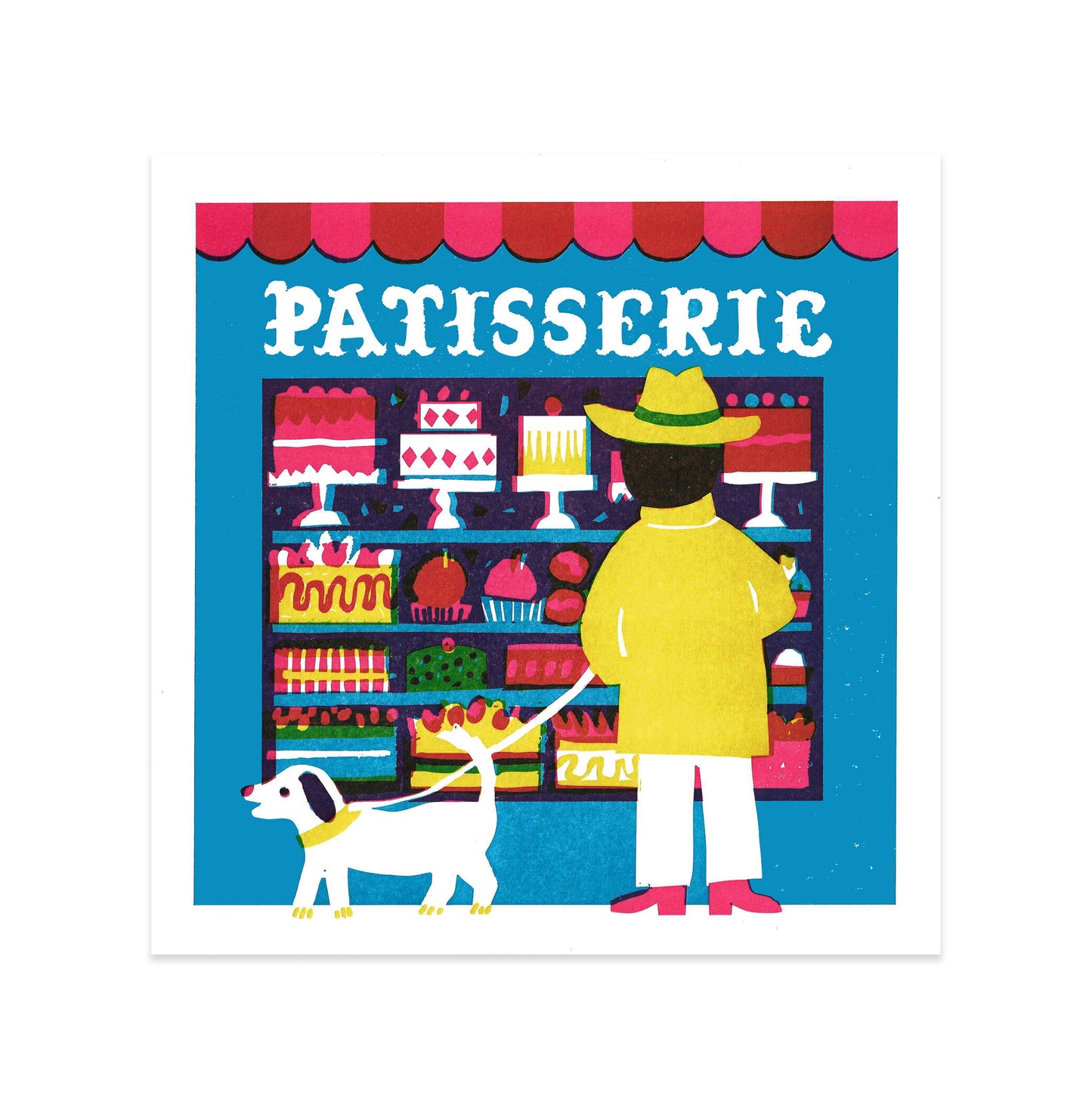 A brightly coloured illustration of a person in a yellow coat and hat, standing in front of a patisserie window filled with various cakes and pastries. A small dog with a party hat is beside them, looking at the treats.