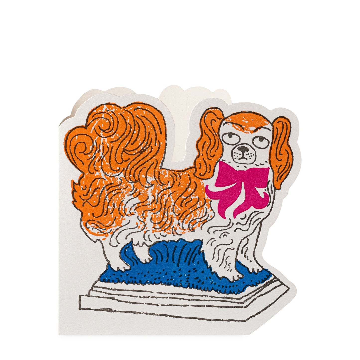 Greetings card of a dog with an orange coat and a pink bow on a white background