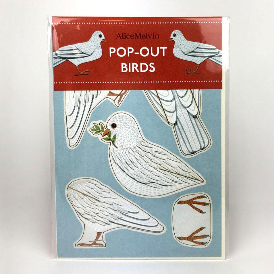 A 3D pop-out bird card by Alice Melvin. The design features illustrations of various birds in soft colours, with a red banner at the top displaying the product name. The background is light blue, enhancing the bird designs.