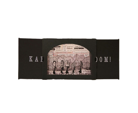 Black rectangular product with graphic design and text on a white background